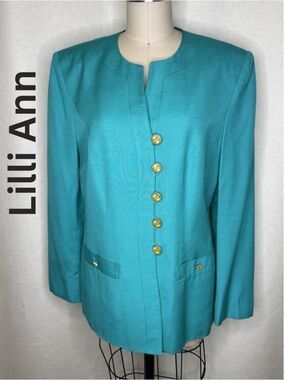 Lilli Ann Teal Silk Blazer Gold Button Vintage Jacket EUC